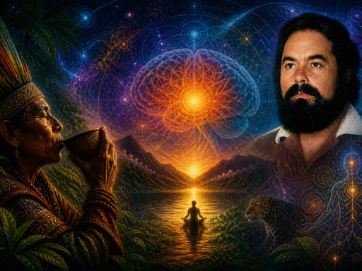 Imagen surrealista de estilo psicodélico con un chamán bebiendo ayahuasca en la selva, un cerebro brillante en el cielo y el rostro de Jacobo Grinberg, simbolizando la conexión entre mente, conciencia y naturaleza.