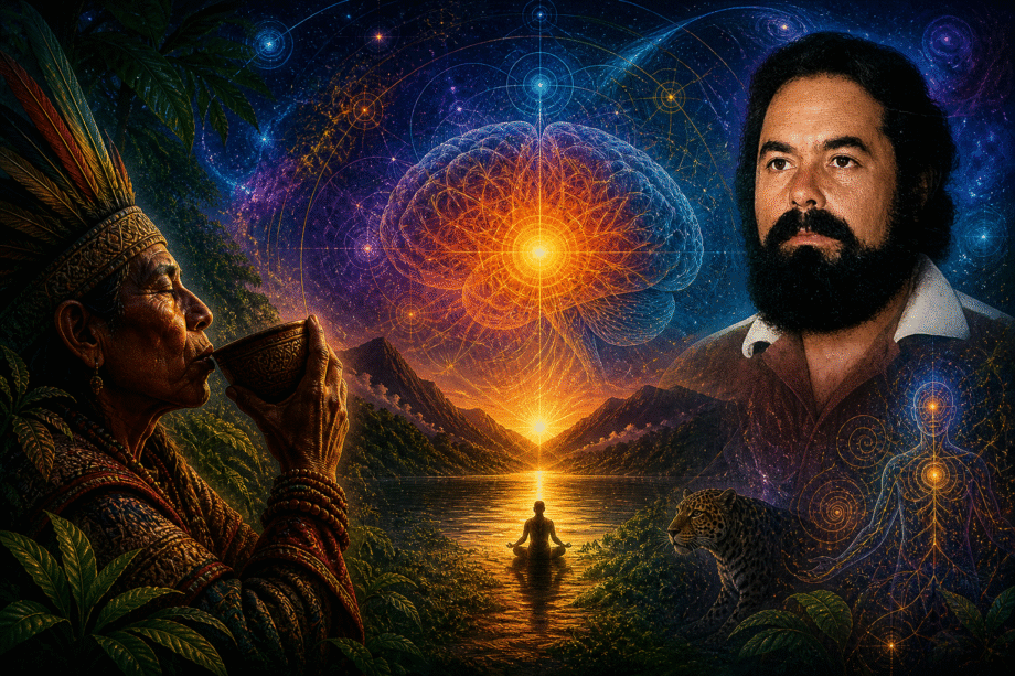 Imagen surrealista de estilo psicodélico con un chamán bebiendo ayahuasca en la selva, un cerebro brillante en el cielo y el rostro de Jacobo Grinberg, simbolizando la conexión entre mente, conciencia y naturaleza.