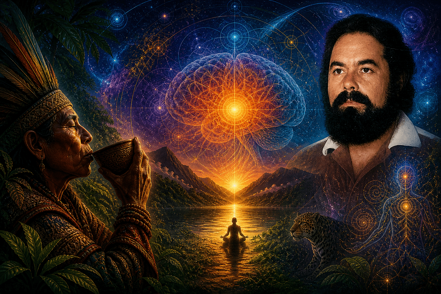 Imagen surrealista de estilo psicodélico con un chamán bebiendo ayahuasca en la selva, un cerebro brillante en el cielo y el rostro de Jacobo Grinberg, simbolizando la conexión entre mente, conciencia y naturaleza.