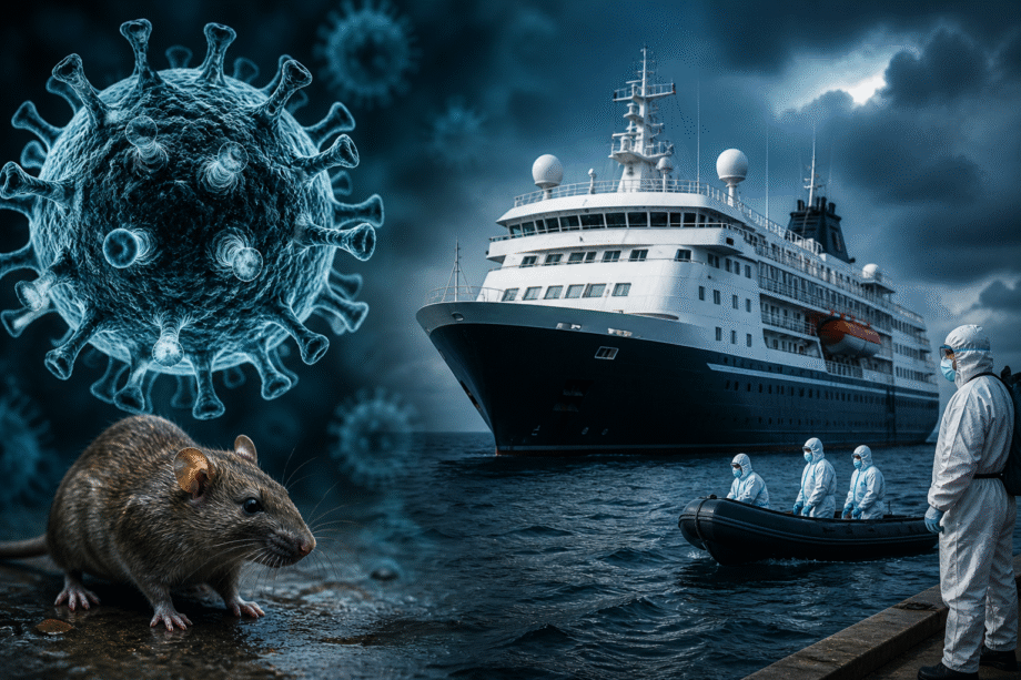 Crucero aislado en el mar con personal sanitario y representación de virus y un roedor asociado al brote de hantavirus