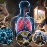 Imagen ilustrativa sobre el hantavirus con un roedor silvestre, pulmones humanos afectados, partículas virales y medidas de prevención en una cabaña rural.