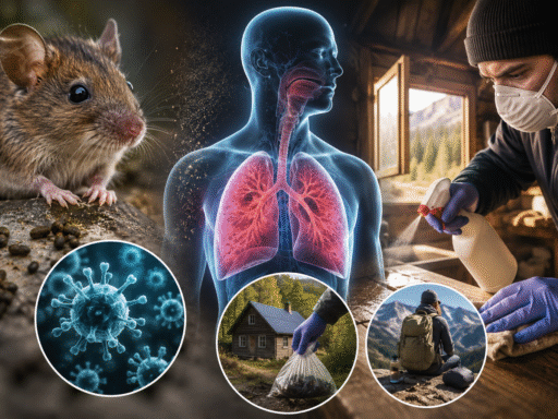 Imagen ilustrativa sobre el hantavirus con un roedor silvestre, pulmones humanos afectados, partículas virales y medidas de prevención en una cabaña rural.