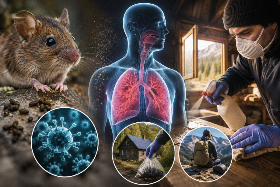 Imagen ilustrativa sobre el hantavirus con un roedor silvestre, pulmones humanos afectados, partículas virales y medidas de prevención en una cabaña rural.