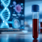 Muestra de sangre en laboratorio con representación digital de ADN y análisis molecular para la detección precoz del cáncer mediante biopsia líquida.