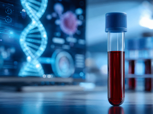 Muestra de sangre en laboratorio con representación digital de ADN y análisis molecular para la detección precoz del cáncer mediante biopsia líquida.