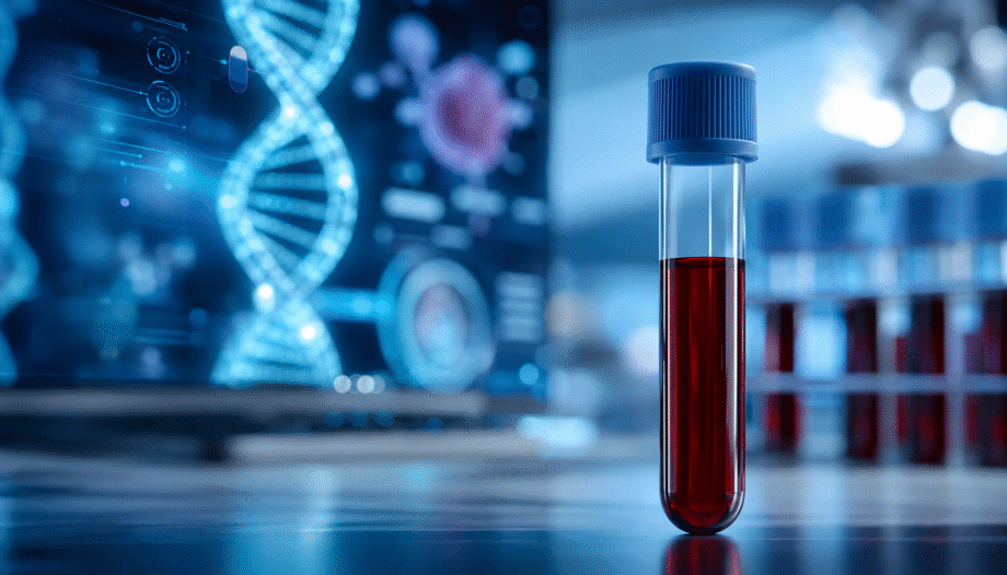 Muestra de sangre en laboratorio con representación digital de ADN y análisis molecular para la detección precoz del cáncer mediante biopsia líquida.