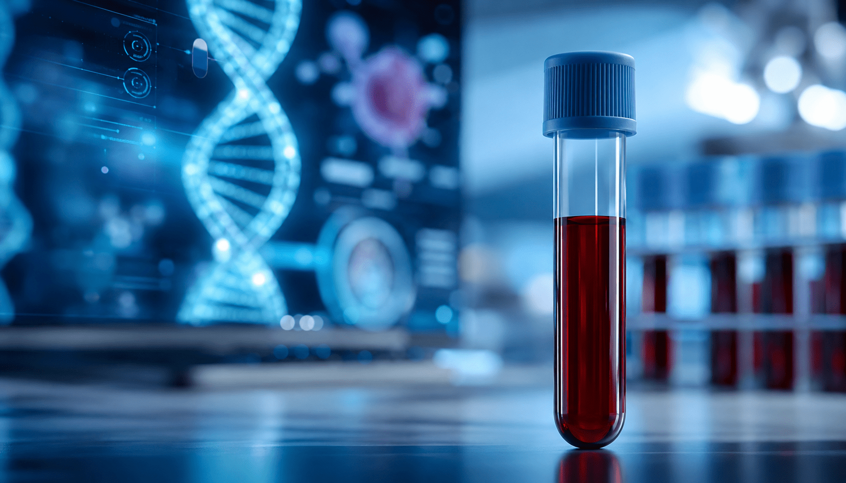 Muestra de sangre en laboratorio con representación digital de ADN y análisis molecular para la detección precoz del cáncer mediante biopsia líquida.