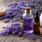 Flores de lavanda frescas junto a un frasco de aceite esencial sobre una mesa de madera, representando los beneficios de la lavanda para la salud, el descanso y la relajación.