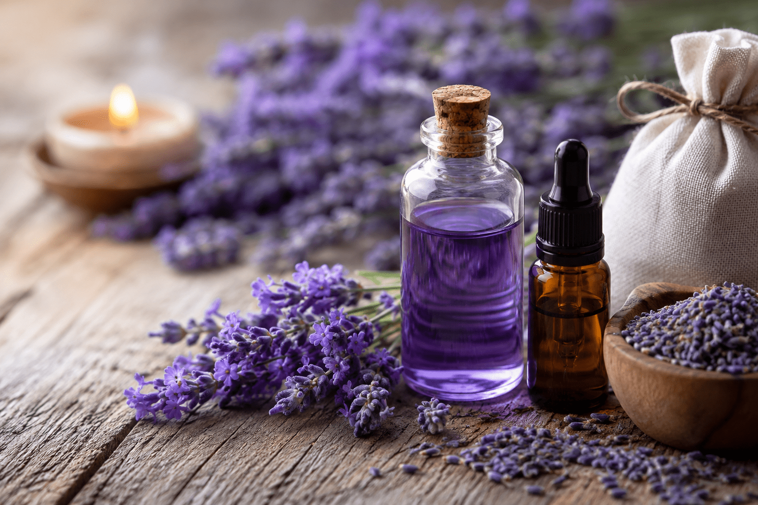 Flores de lavanda frescas junto a un frasco de aceite esencial sobre una mesa de madera, representando los beneficios de la lavanda para la salud, el descanso y la relajación.