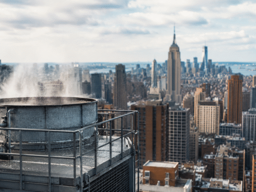 Torre de refrigeración industrial en primer plano con el horizonte de Nueva York al fondo.