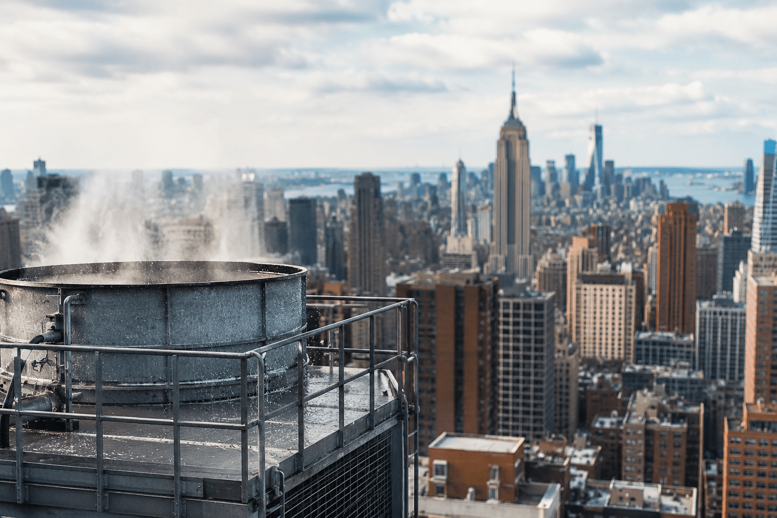 Torre de refrigeración industrial en primer plano con el horizonte de Nueva York al fondo.