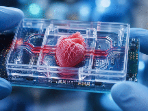 Modelo de corazón humano en un dispositivo microfluídico utilizado para investigar nuevos tratamientos.