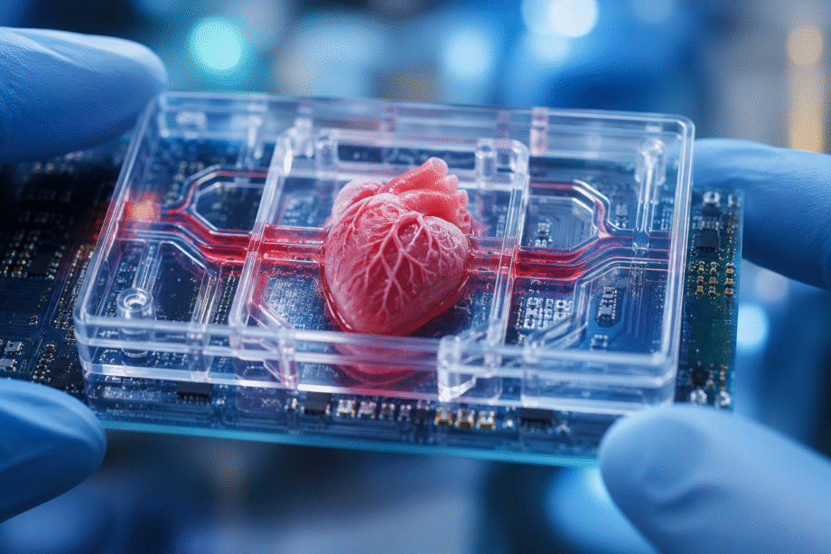 Modelo de corazón humano en un dispositivo microfluídico utilizado para investigar nuevos tratamientos.