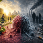Ilustración panorámica de una célula cancerosa dividida entre un entorno saludable con ejercicio, alimentación equilibrada y naturaleza, y otro marcado por contaminación, tabaco, enfermedad y atención hospitalaria, simbolizando el aumento global del cáncer previsto por la OMS para 2050.