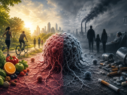 Ilustración panorámica de una célula cancerosa dividida entre un entorno saludable con ejercicio, alimentación equilibrada y naturaleza, y otro marcado por contaminación, tabaco, enfermedad y atención hospitalaria, simbolizando el aumento global del cáncer previsto por la OMS para 2050.