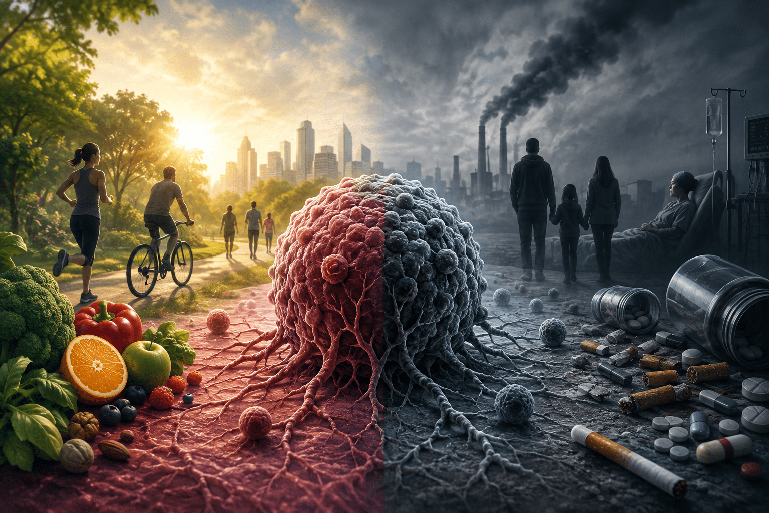Ilustración panorámica de una célula cancerosa dividida entre un entorno saludable con ejercicio, alimentación equilibrada y naturaleza, y otro marcado por contaminación, tabaco, enfermedad y atención hospitalaria, simbolizando el aumento global del cáncer previsto por la OMS para 2050.