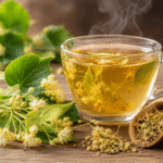 Taza de infusión de tila con flores y hojas de tilo sobre una mesa de madera, bebida natural utilizada para promover la relajación y mejorar el descanso.
