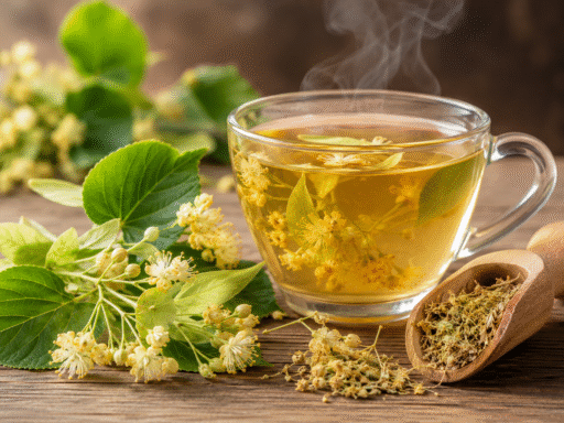 Taza de infusión de tila con flores y hojas de tilo sobre una mesa de madera, bebida natural utilizada para promover la relajación y mejorar el descanso.