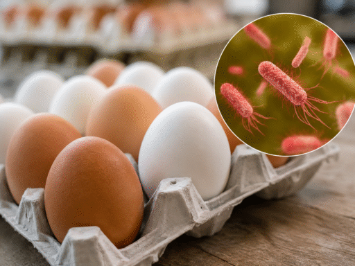 Cartón con huevos blancos y marrones junto a una representación microscópica de bacterias Salmonella.