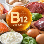 Alimentos ricos en vitamina B12 como salmón, gambas, carne, hígado, huevos, queso y leche alrededor de una esfera de vitamina B12