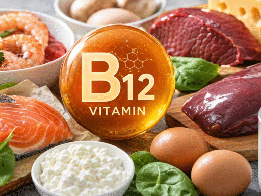 Alimentos ricos en vitamina B12 como salmón, gambas, carne, hígado, huevos, queso y leche alrededor de una esfera de vitamina B12