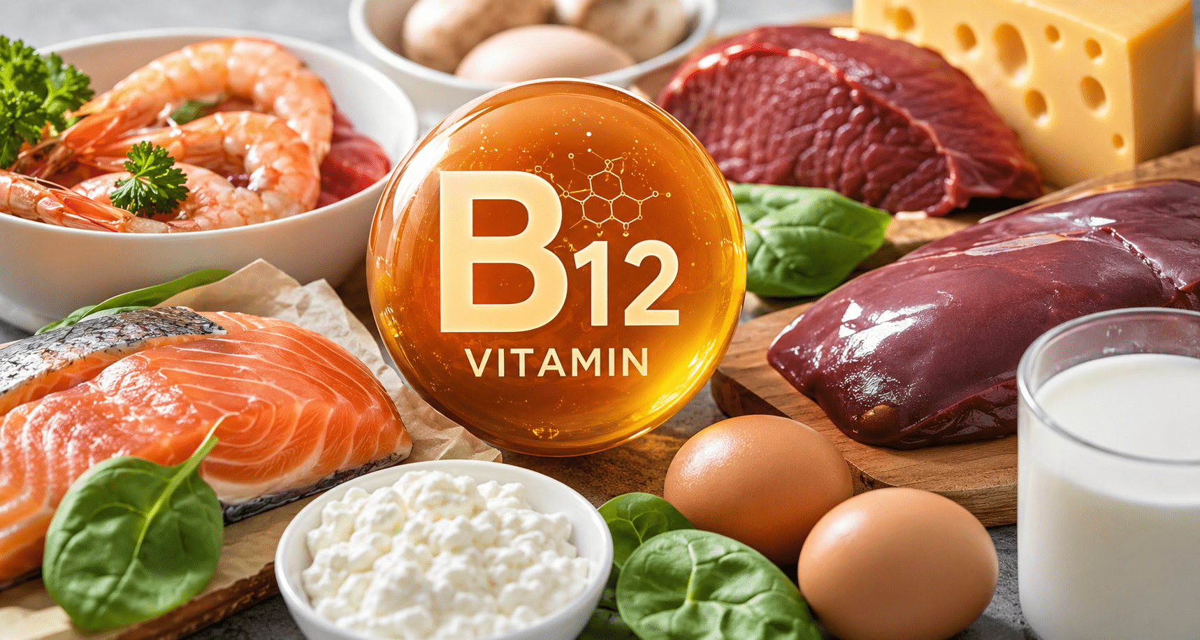 Alimentos ricos en vitamina B12 como salmón, gambas, carne, hígado, huevos, queso y leche alrededor de una esfera de vitamina B12